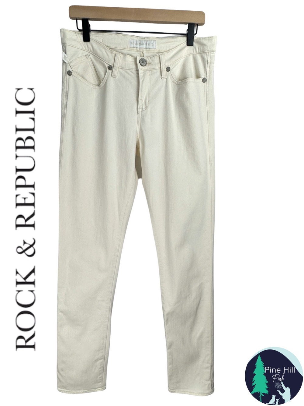 Rock & Republic Berlin Jeans Womens 12L Long Cream Straight Leg Slim Fit Stretch